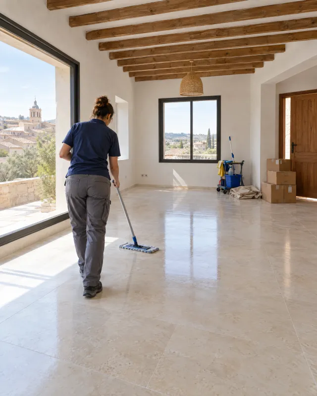 Limpieza del suelo de un salón recién reformado