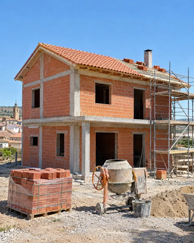 Casa de dos plantas en construcción, con ladrillo visto y andamio
