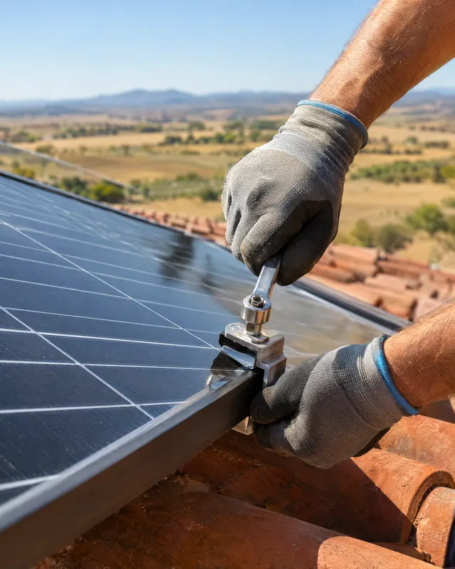 Instalador fijando una placa solar sobre un tejado de teja