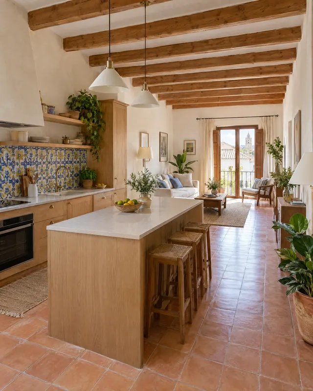 Cocina y salón reformados con vigas de madera y azulejo pintado a mano