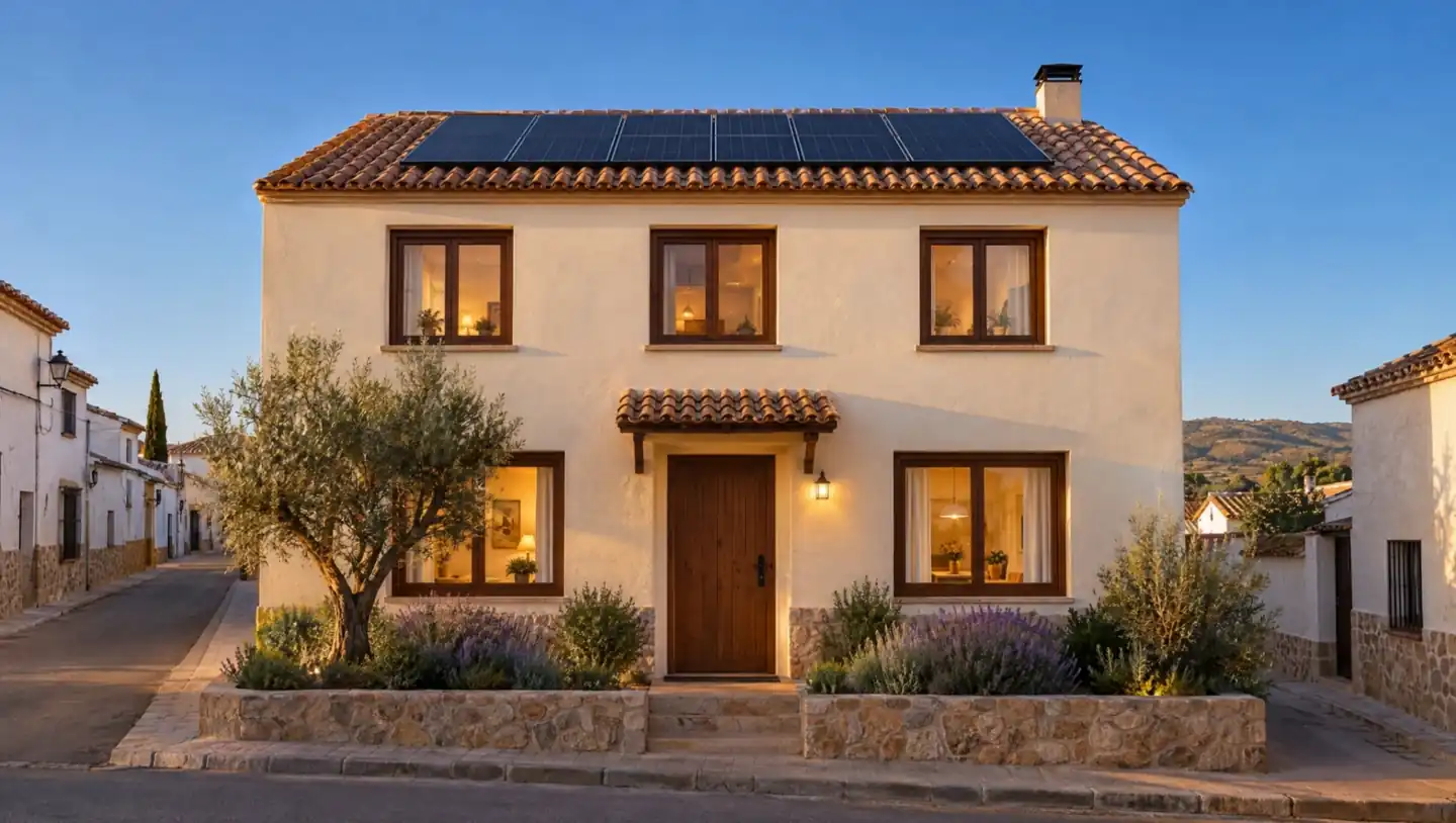 Casa de dos plantas rehabilitada, con placas solares en el tejado y luz de tarde